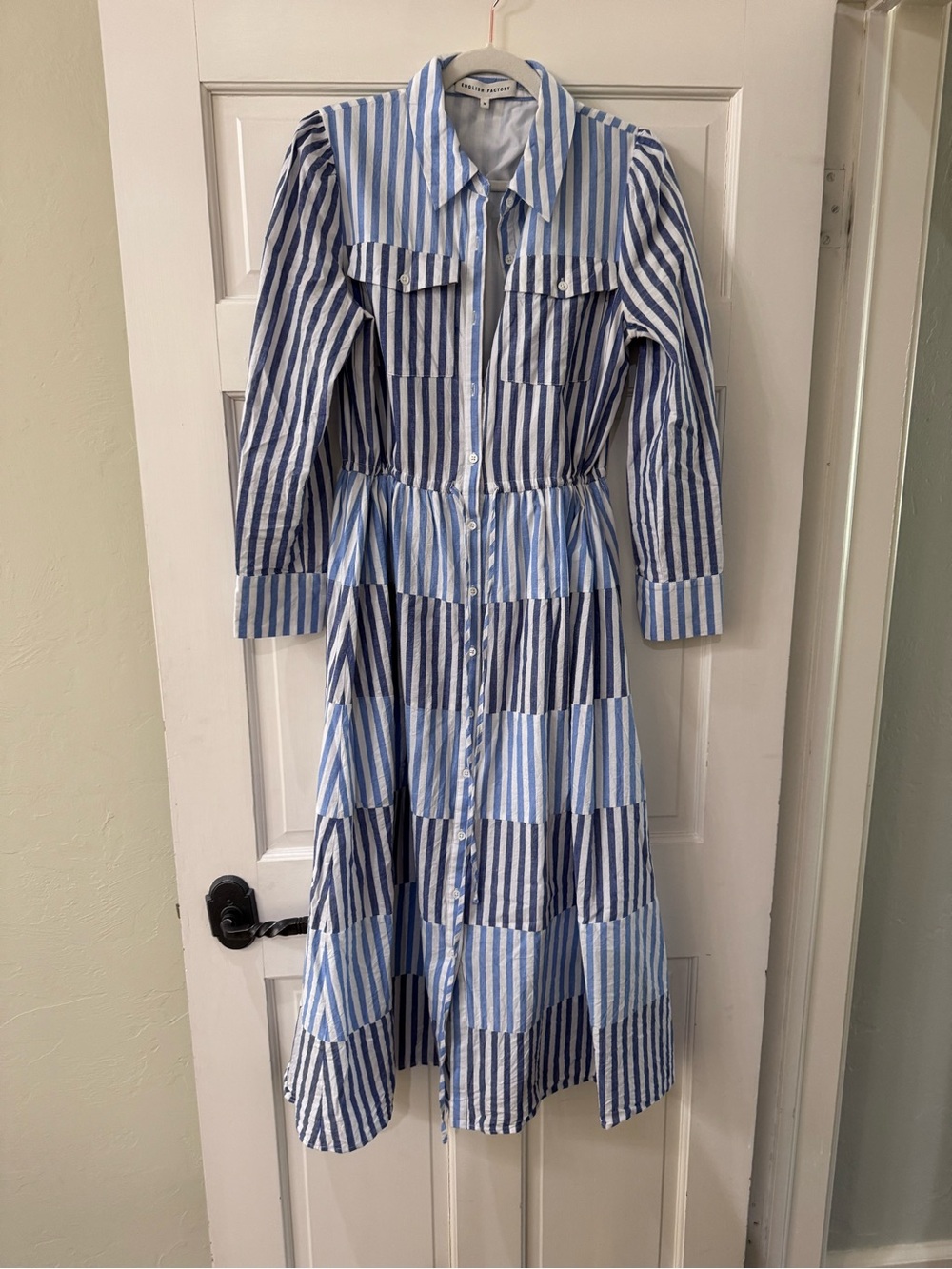 English Factory Blue and White Striped Button-Front Shirt Dress